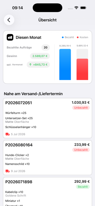 Das iMaker-Dashboard auf einem iPhone, mit der Monatsübersicht und den Aufträgen mit der nächsten Lieferung
