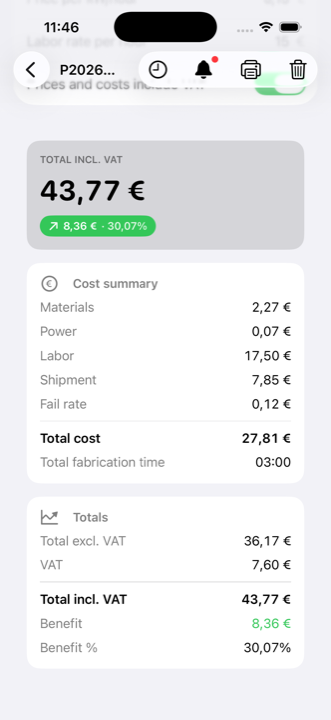 Cost summary on an order in iMaker, with materials, power, labour, shipping and the resulting margin