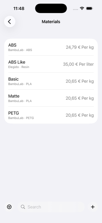 Materials list in iMaker, each with its brand, type and price per kilo or litre