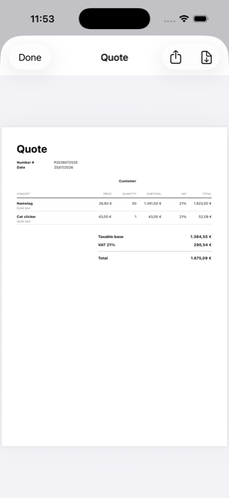 The quote PDF preview in iMaker, with the line-by-line breakdown and the VAT totals