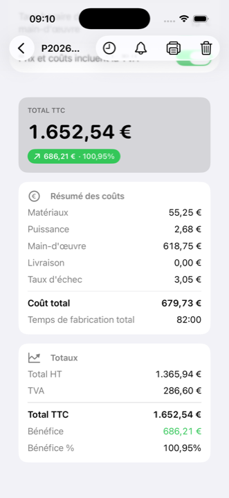 Récapitulatif des coûts d’une commande dans iMaker, avec matières, électricité, main-d’œuvre, expédition et la marge obtenue
