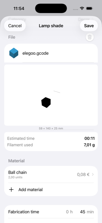 Un fichier G-code joint à un produit dans iMaker, avec la vue 3D de la pièce et le temps et le filament estimés par le trancheur